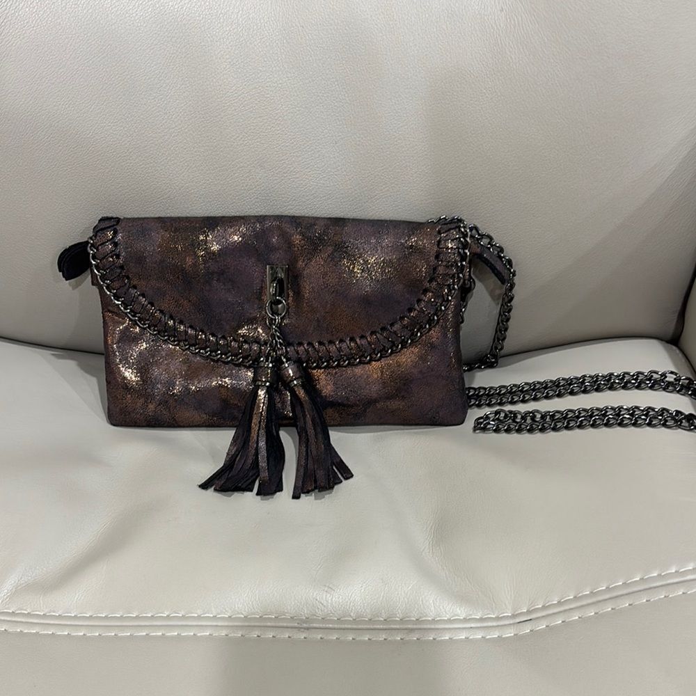Sondra Roberts Squared Metallic Vegan Leather with Chain Crossbody
